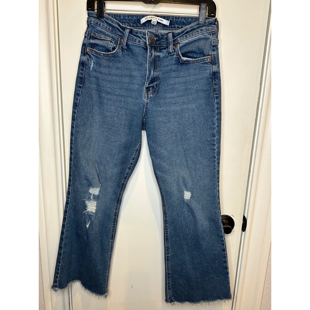 Celebrity Pink Distressed Flare Jeans Medium Wash Raw Hem Size 9/29 Distressed